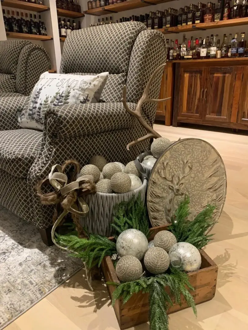 A living room with christmas decorations and a couch