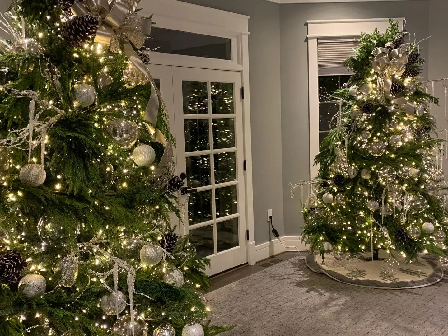 Two christmas trees are in a room with doors.