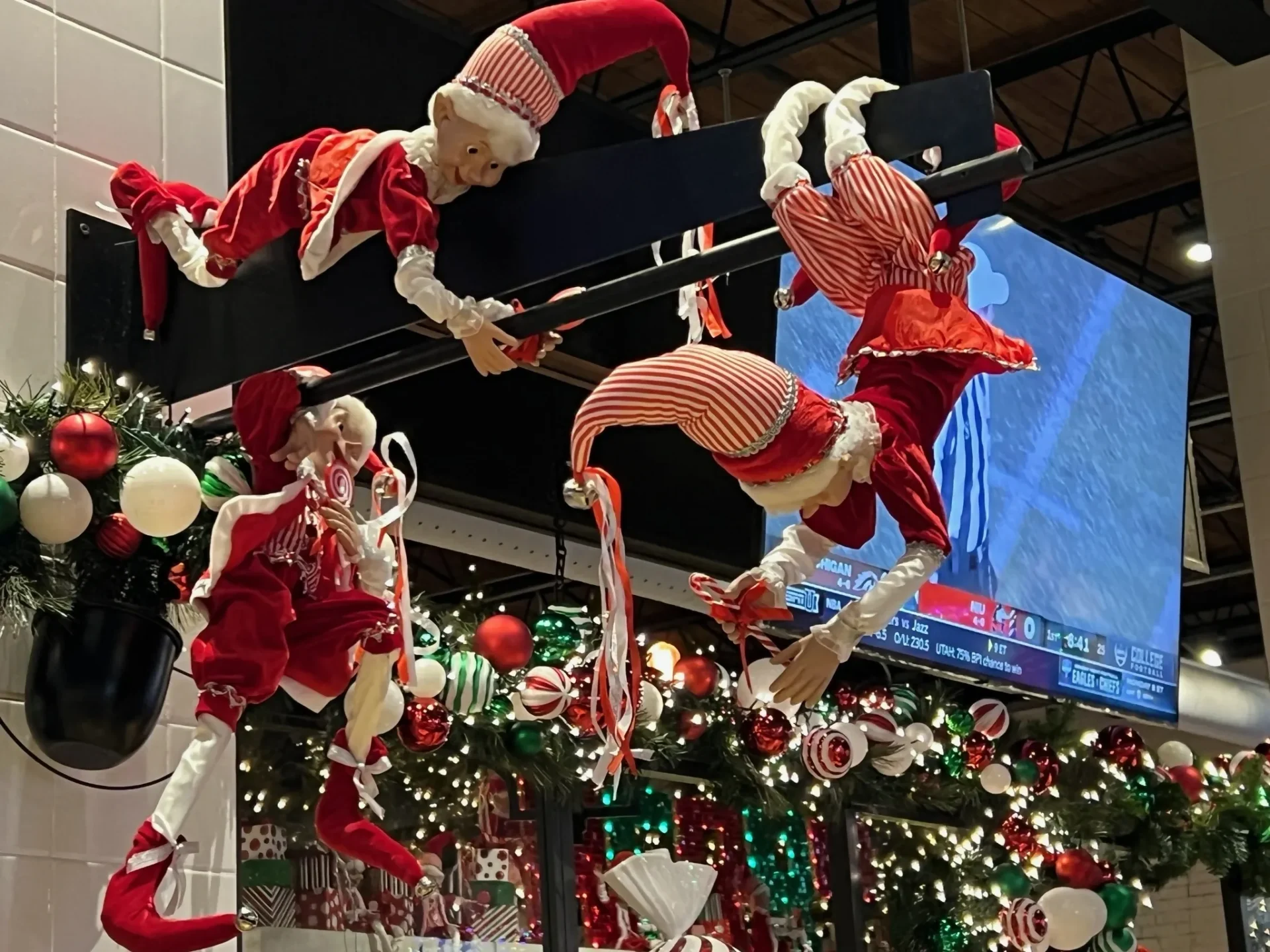 A group of people hanging from the ceiling.